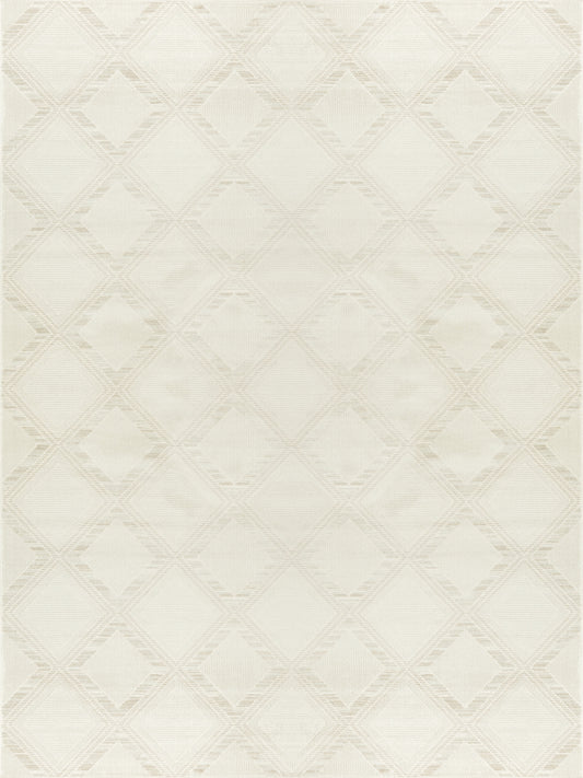 Cream geometric diamond lattice rug; woven texture with subtle beige pattern for living room or bedroom.