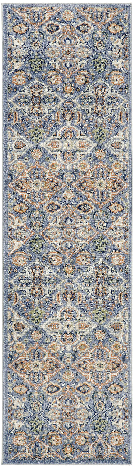 Blue oriental runner rug with intricate ivory, orange, and sage floral medallions; long narrow design.