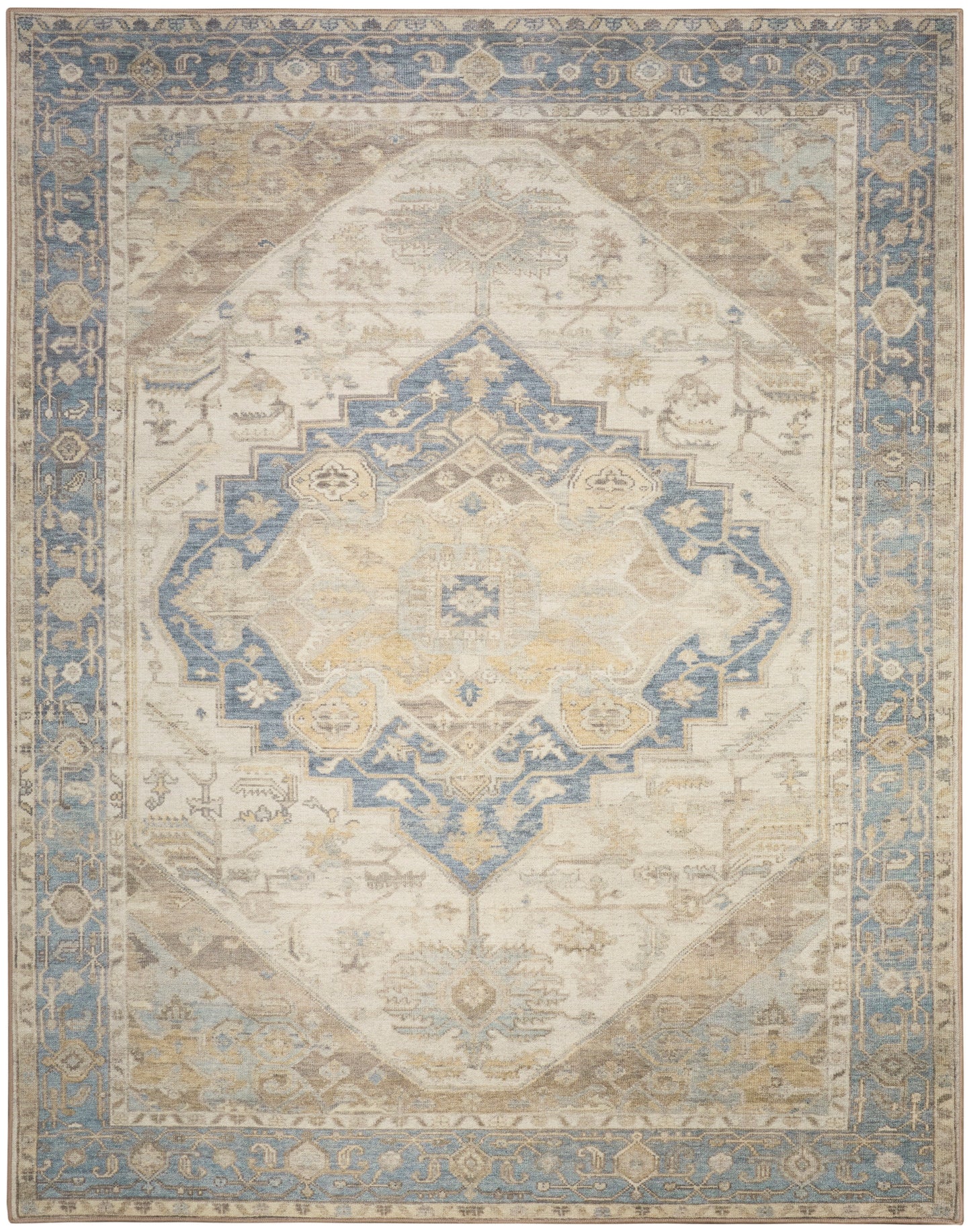 Distressed traditional area rug featuring ivory field, blue central medallion, and ornate blue border.