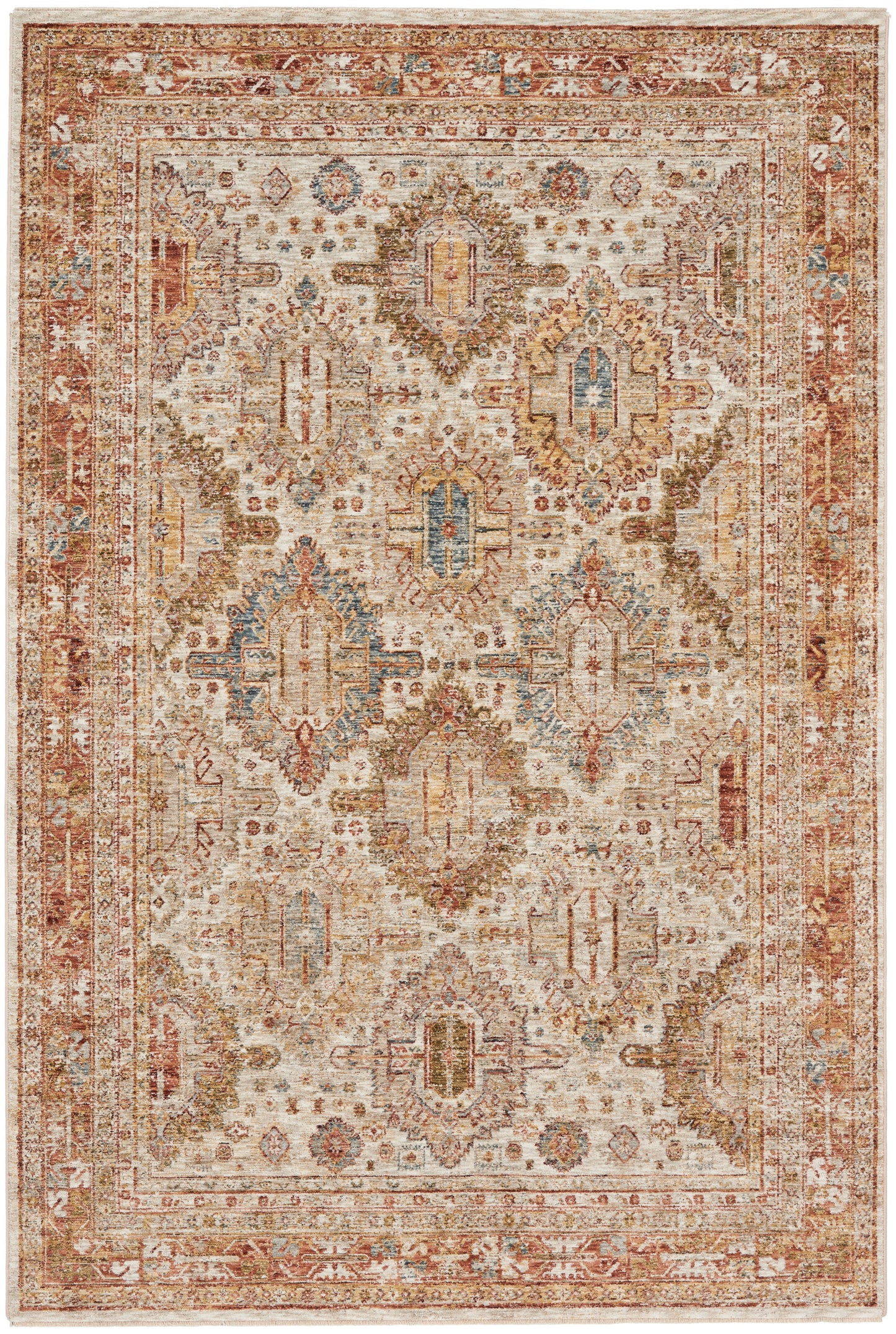 Ivory distressed oriental rug with rust borders, blue and gold accents, and intricate traditional medallion floral motifs.