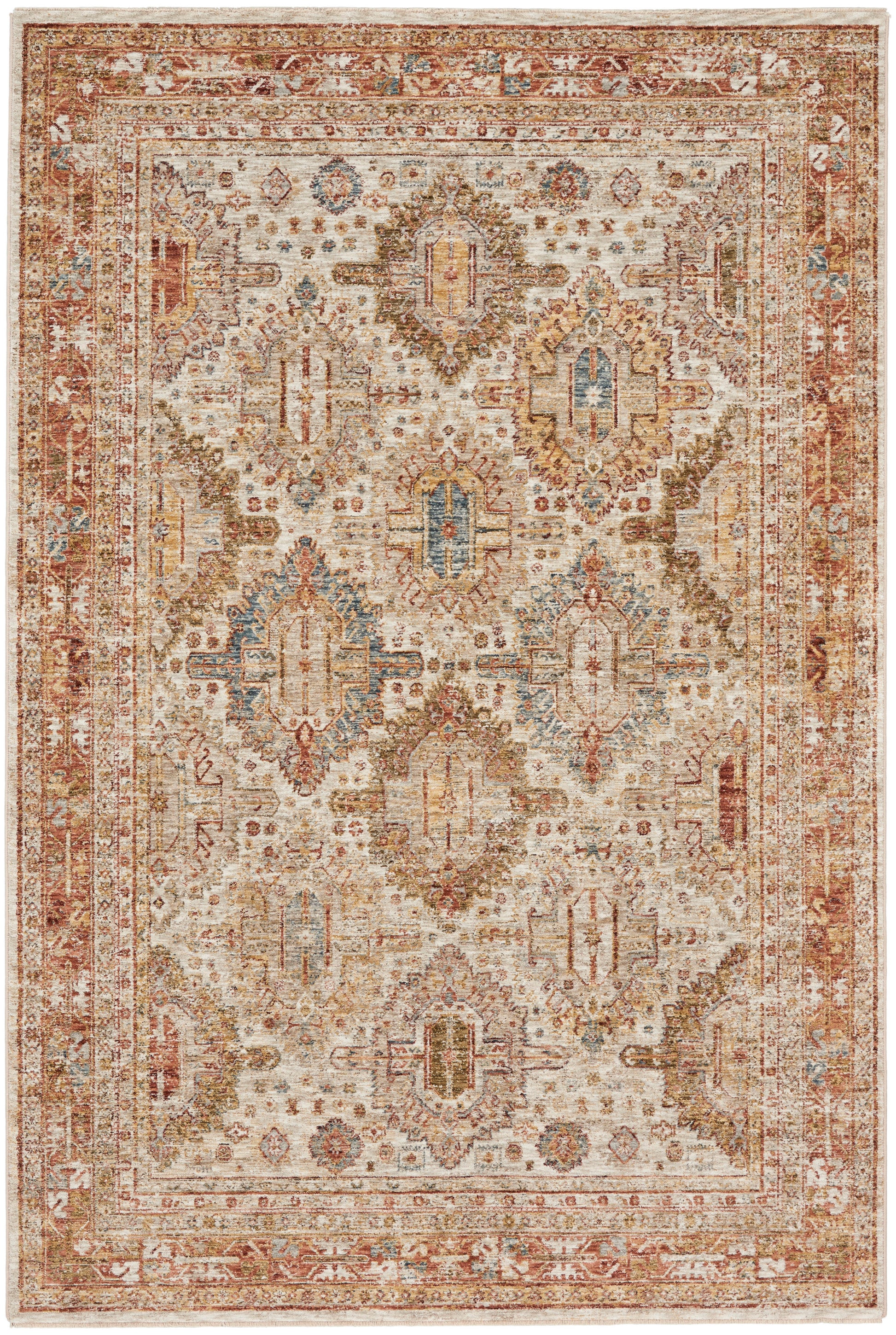 Ivory distressed oriental rug with rust borders, blue and gold accents, and intricate traditional medallion floral motifs.