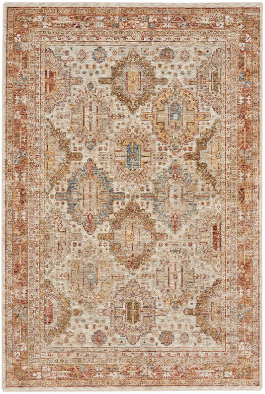 Ivory distressed oriental rug with rust borders, blue and gold accents, and intricate traditional medallion floral motifs.