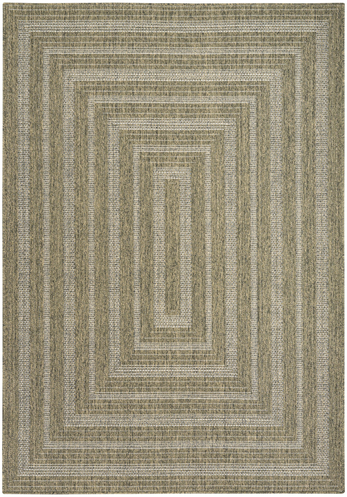 Rectangular outdoor woven rug with olive, beige & taupe concentric square borders; modern geometric style.