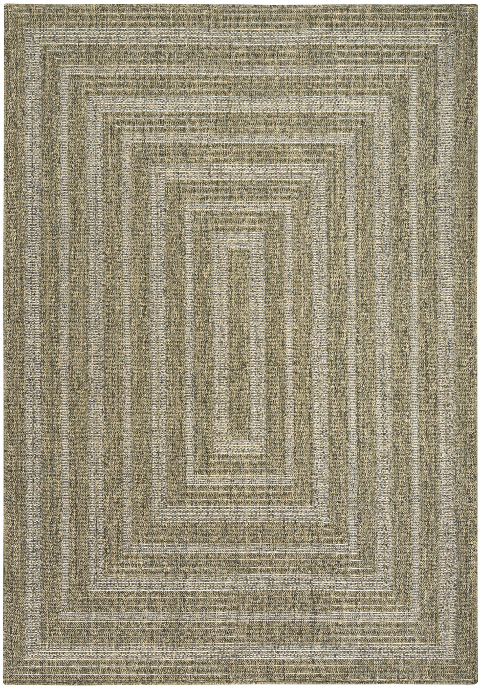 Rectangular outdoor woven rug with olive, beige & taupe concentric square borders; modern geometric style.