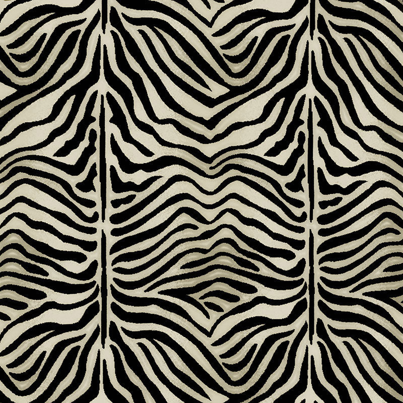 Beige zebra-print fabric texture with bold black stripes, versatile for upholstery or fashion.