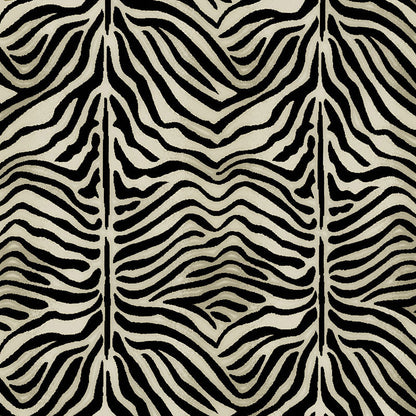 Beige zebra-print fabric texture with bold black stripes, versatile for upholstery or fashion.