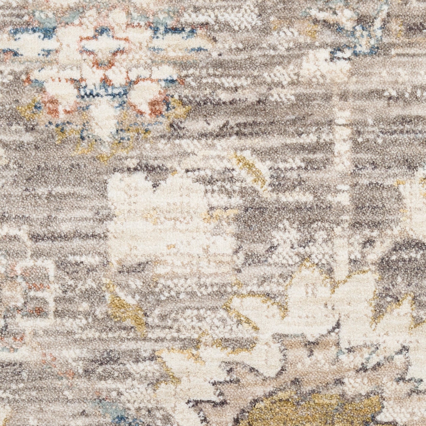 Abstract area rug with gray, cream and beige tones, subtle blue/yellow accents; modern distressed pattern, soft pile.