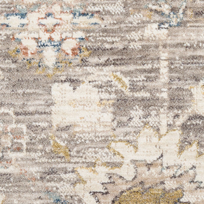 Abstract area rug with gray, cream and beige tones, subtle blue/yellow accents; modern distressed pattern, soft pile.
