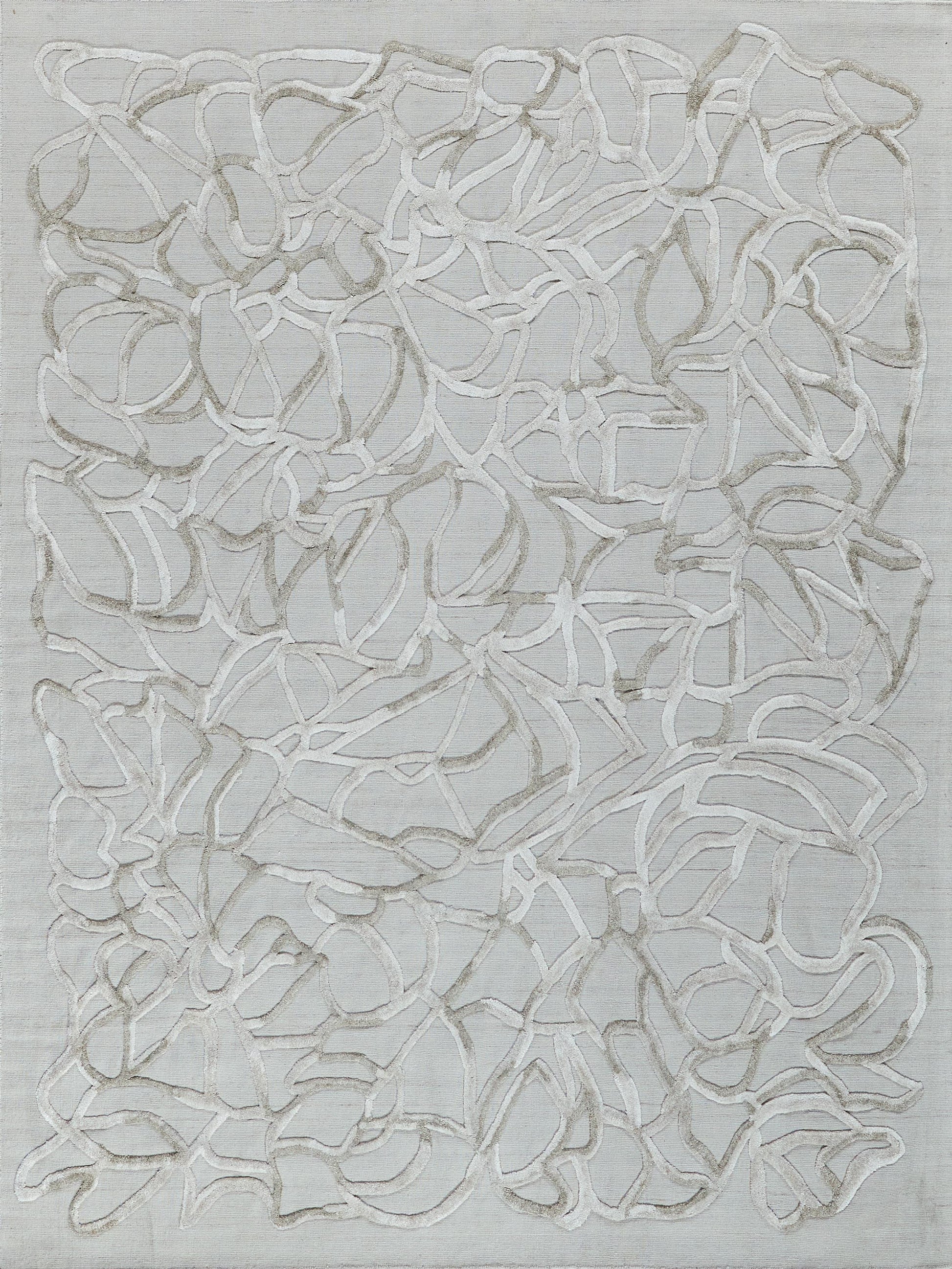 Abstract cream looped-line rug on light gray fabric with raised organic network pattern.