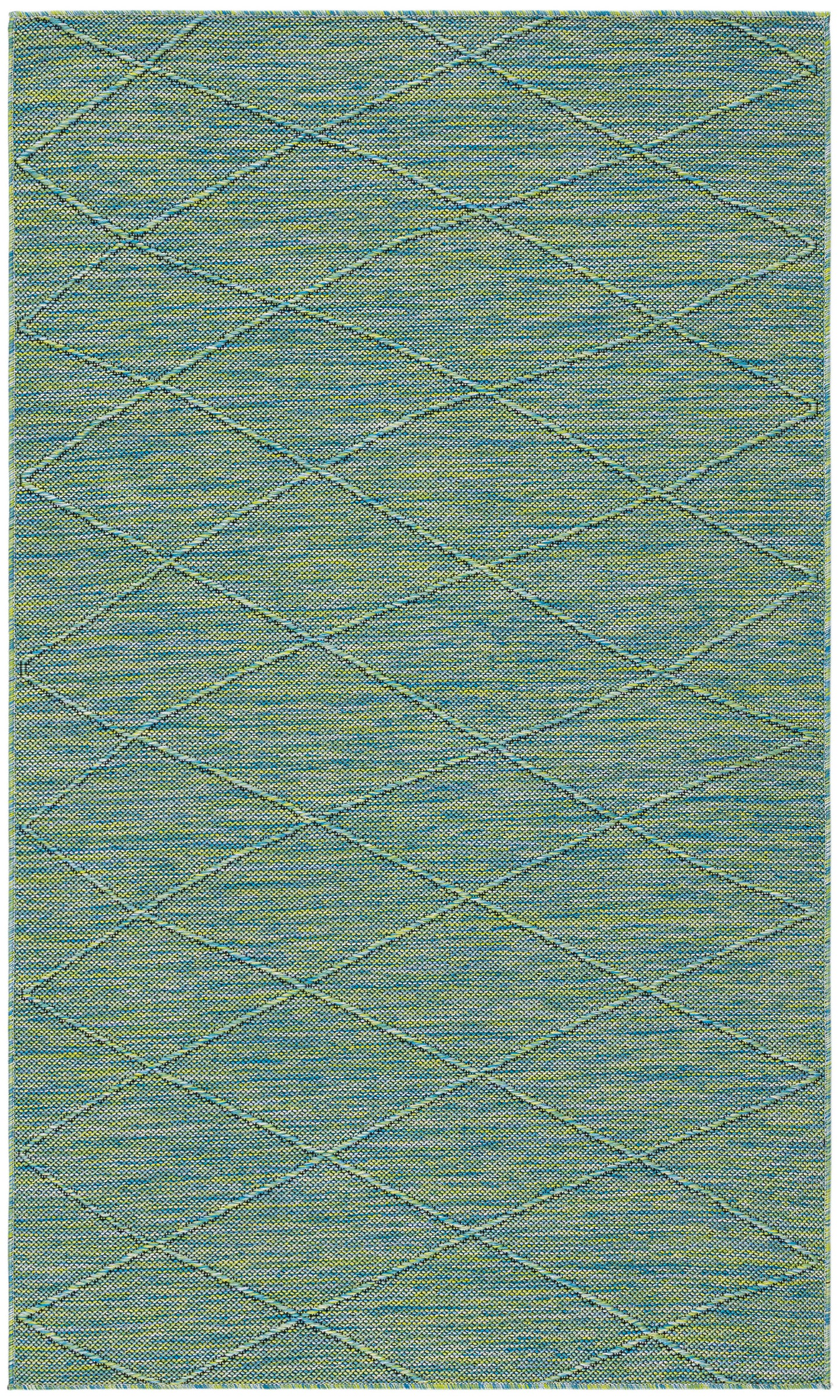 Teal woven area rug with pale blue diamond lattice pattern and soft texture.