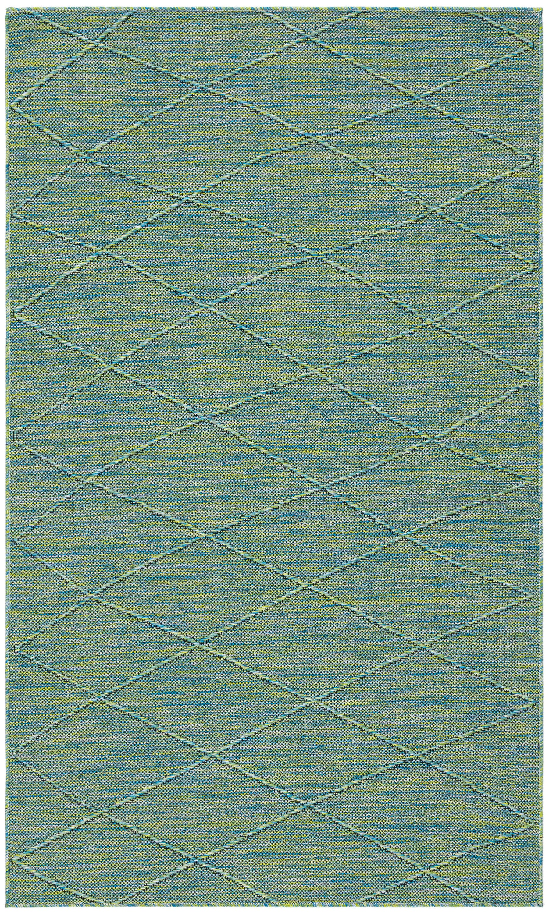 Teal woven area rug with pale blue diamond lattice pattern and soft texture.