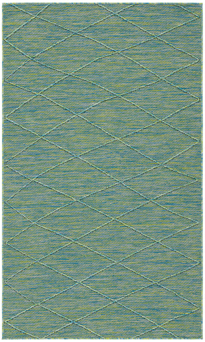 Teal woven area rug with pale blue diamond lattice pattern and soft texture.