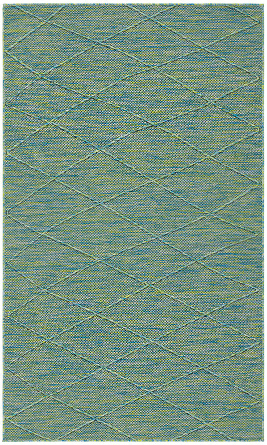 Teal woven area rug with pale blue diamond lattice pattern and soft texture.