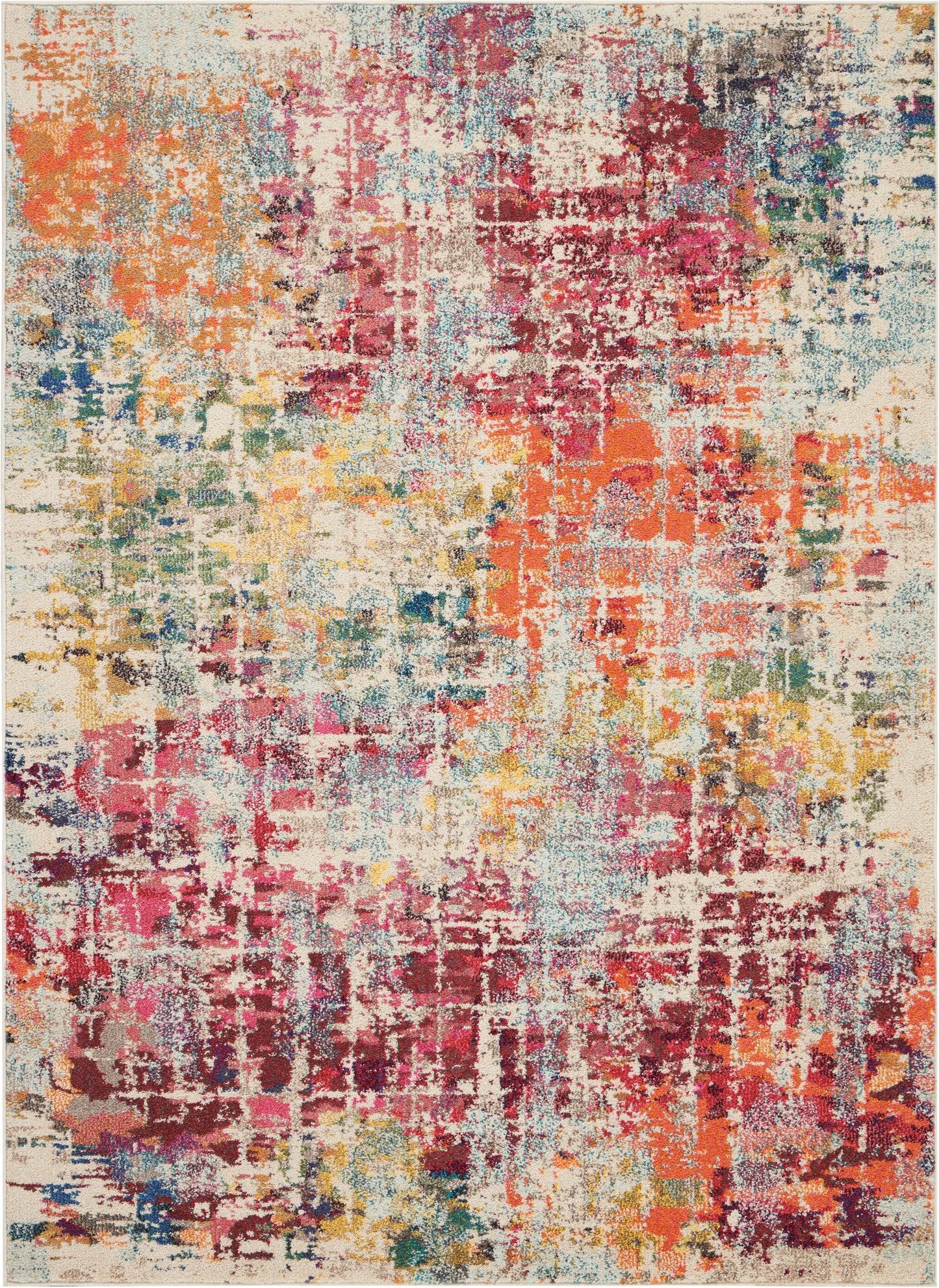 Abstract distressed area rug with cream base and vibrant orange, pink, red, yellow, blue and teal patches.