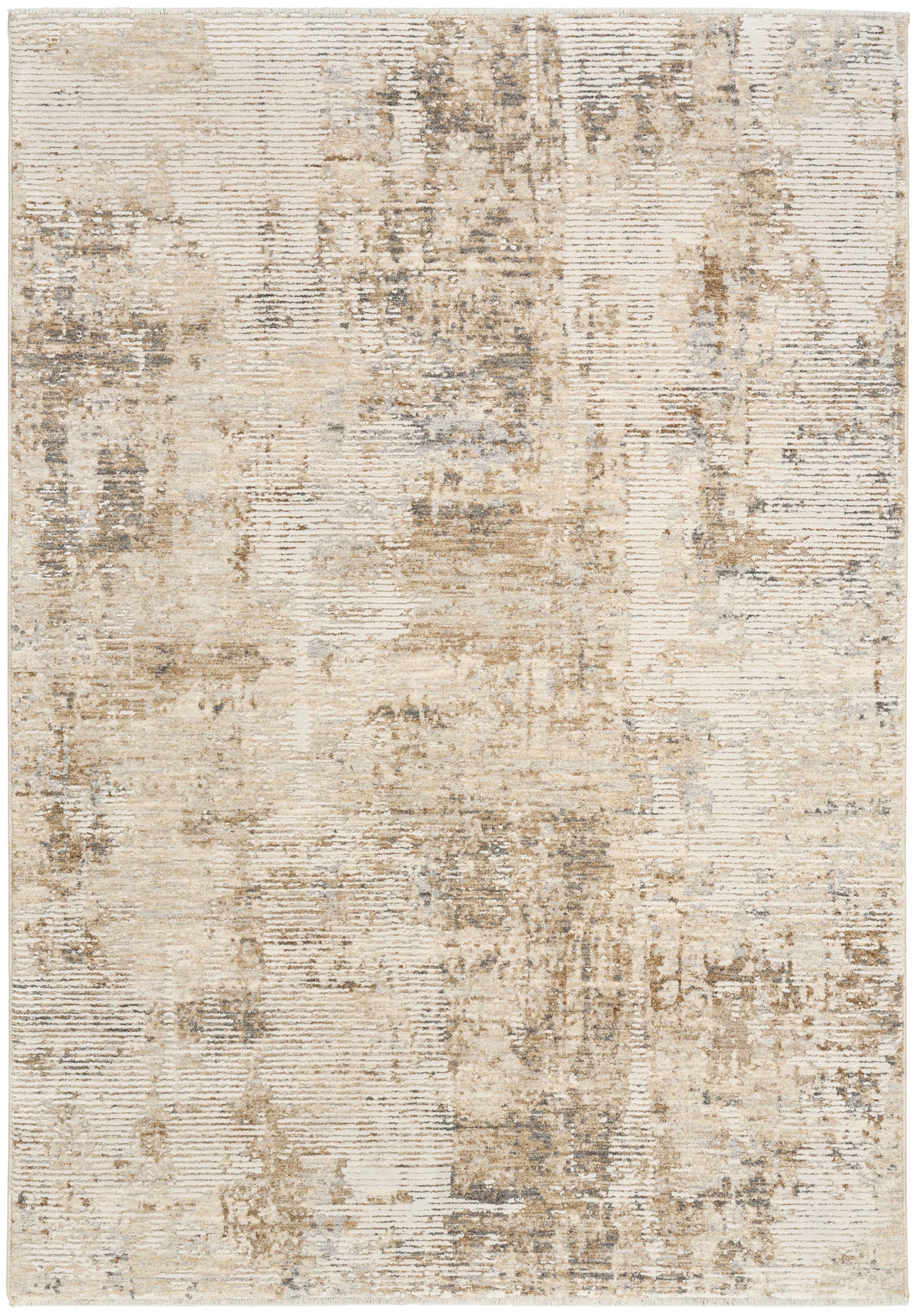 Neutral-toned area rug with abstract, distressed pattern in beige, taupe and gray; rectangular, modern living-room decor.
