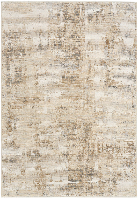 Neutral-toned area rug with abstract, distressed pattern in beige, taupe and gray; rectangular, modern living-room decor.
