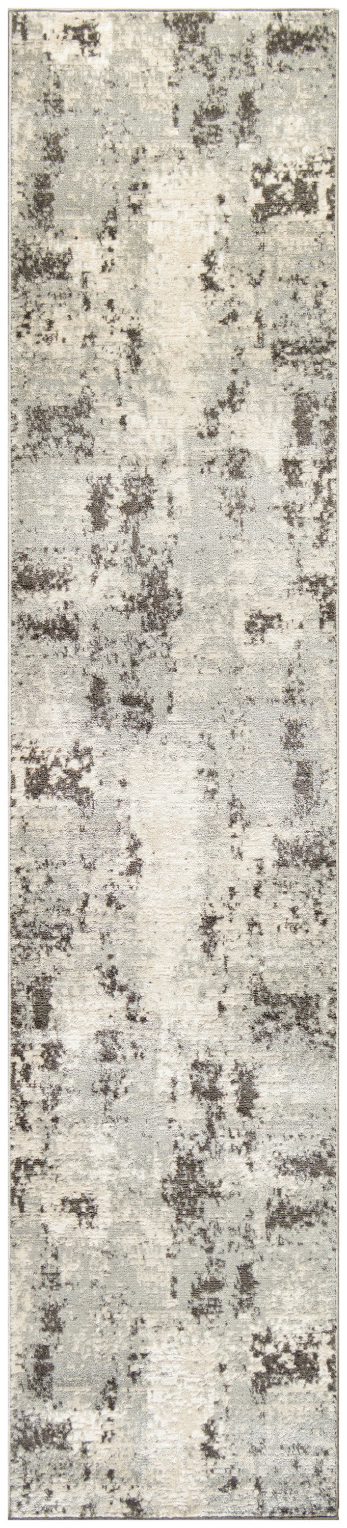 Rectangular runner rug with abstract distressed gray and ivory pattern in neutral tones.