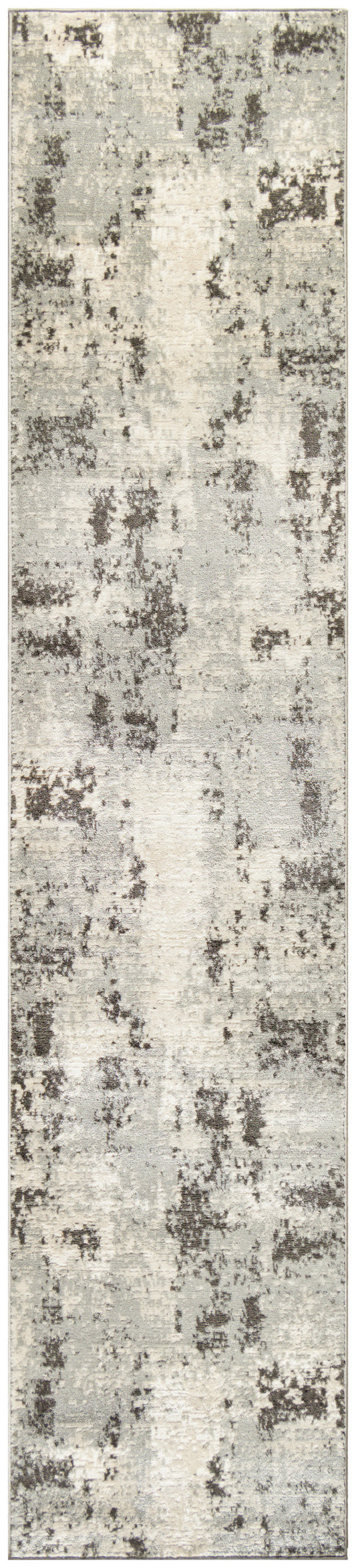 Rectangular runner rug with abstract distressed gray and ivory pattern in neutral tones.