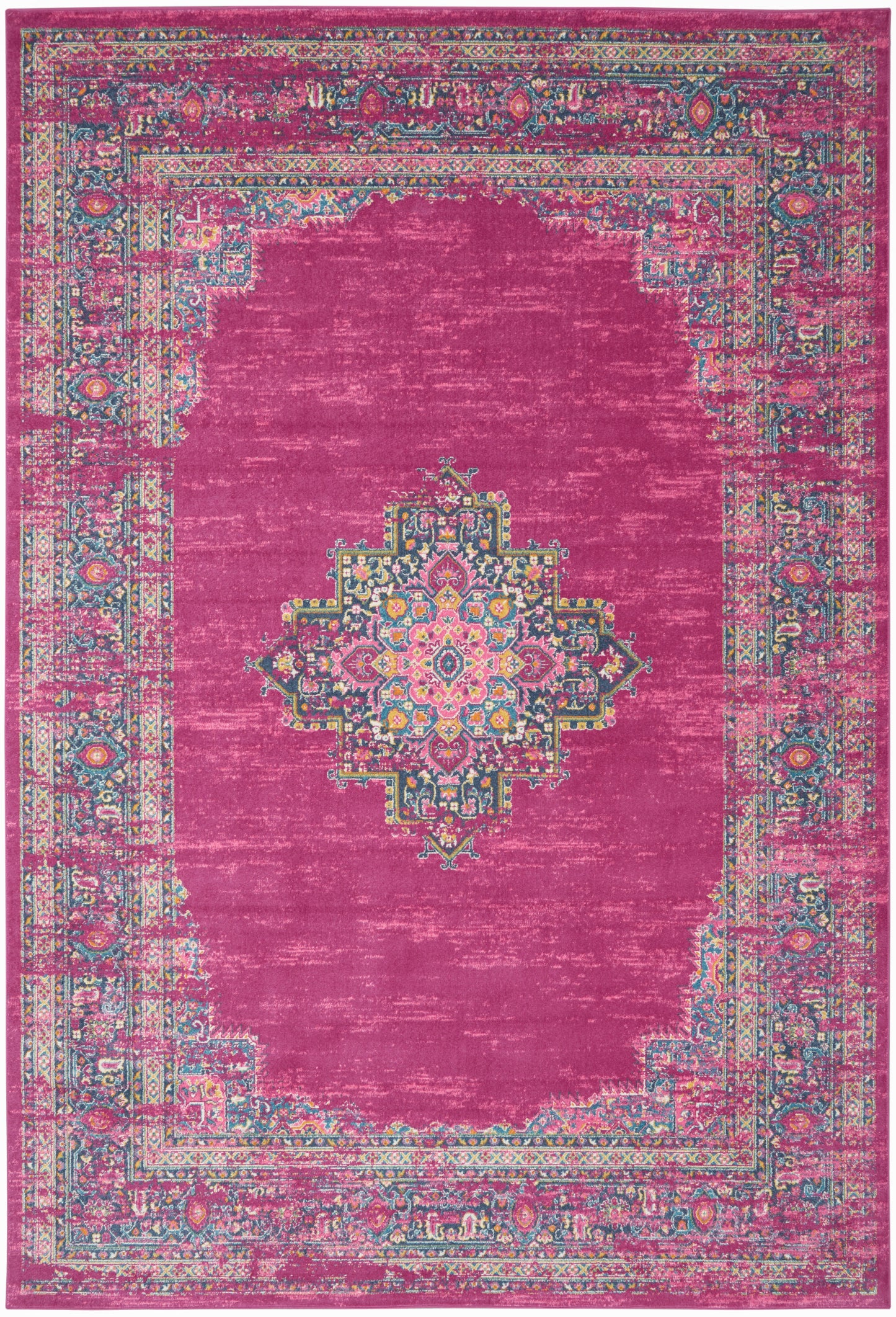 Rectangular magenta distressed Persian-style area rug with intricate multicolor border and central medallion.