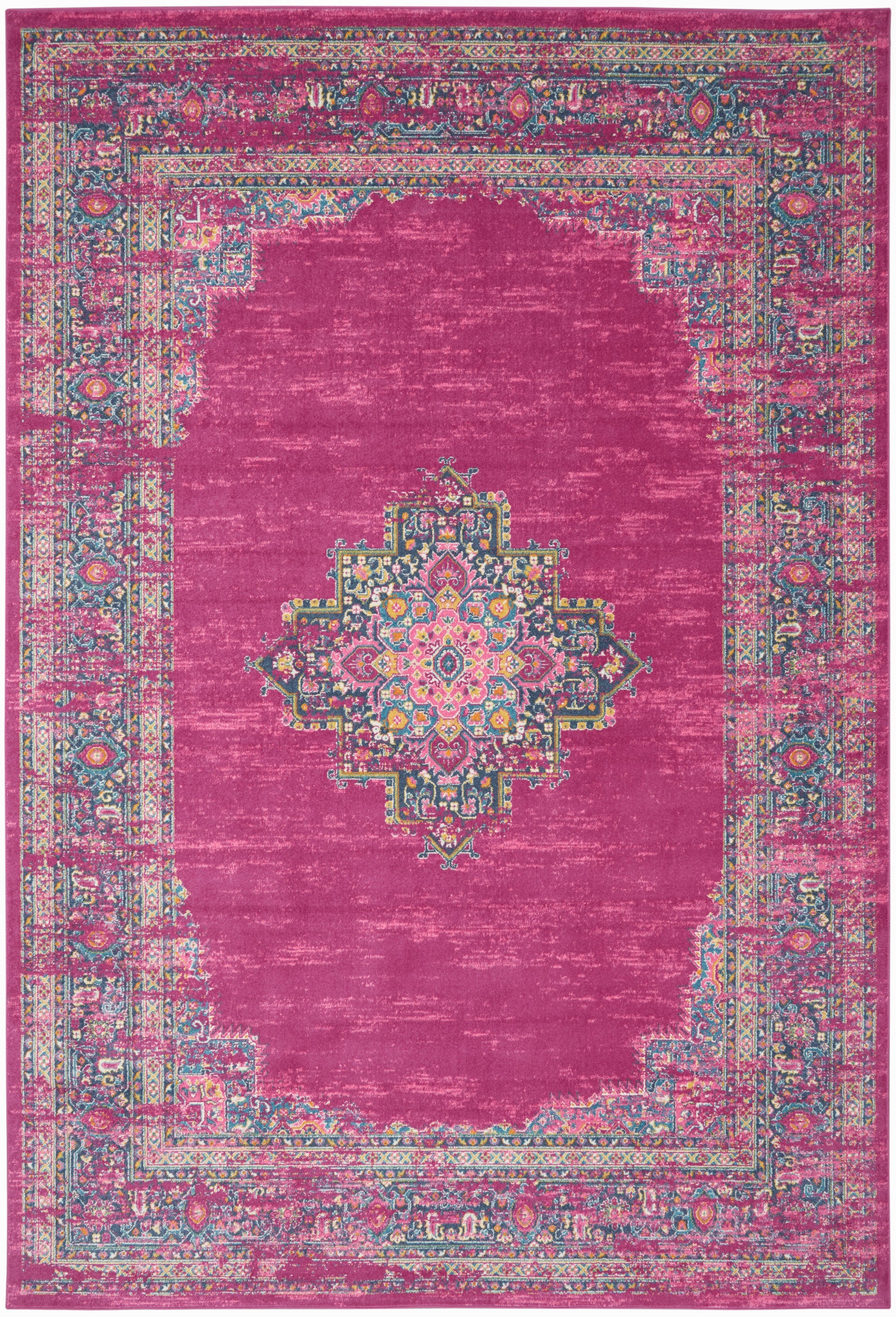 Rectangular magenta distressed Persian-style area rug with intricate multicolor border and central medallion.
