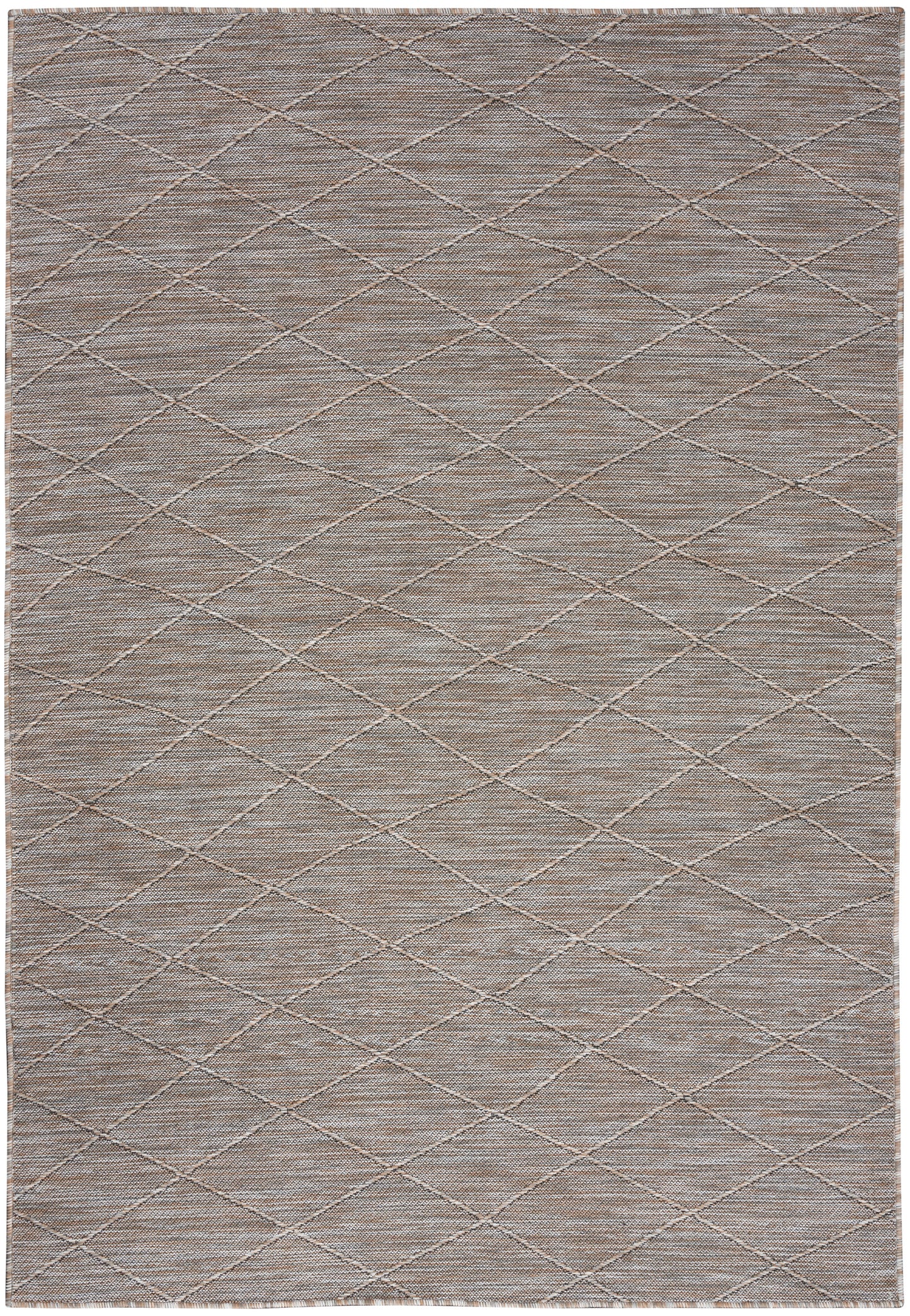 Neutral taupe woven rug with subtle diamond lattice pattern, rectangular area rug.