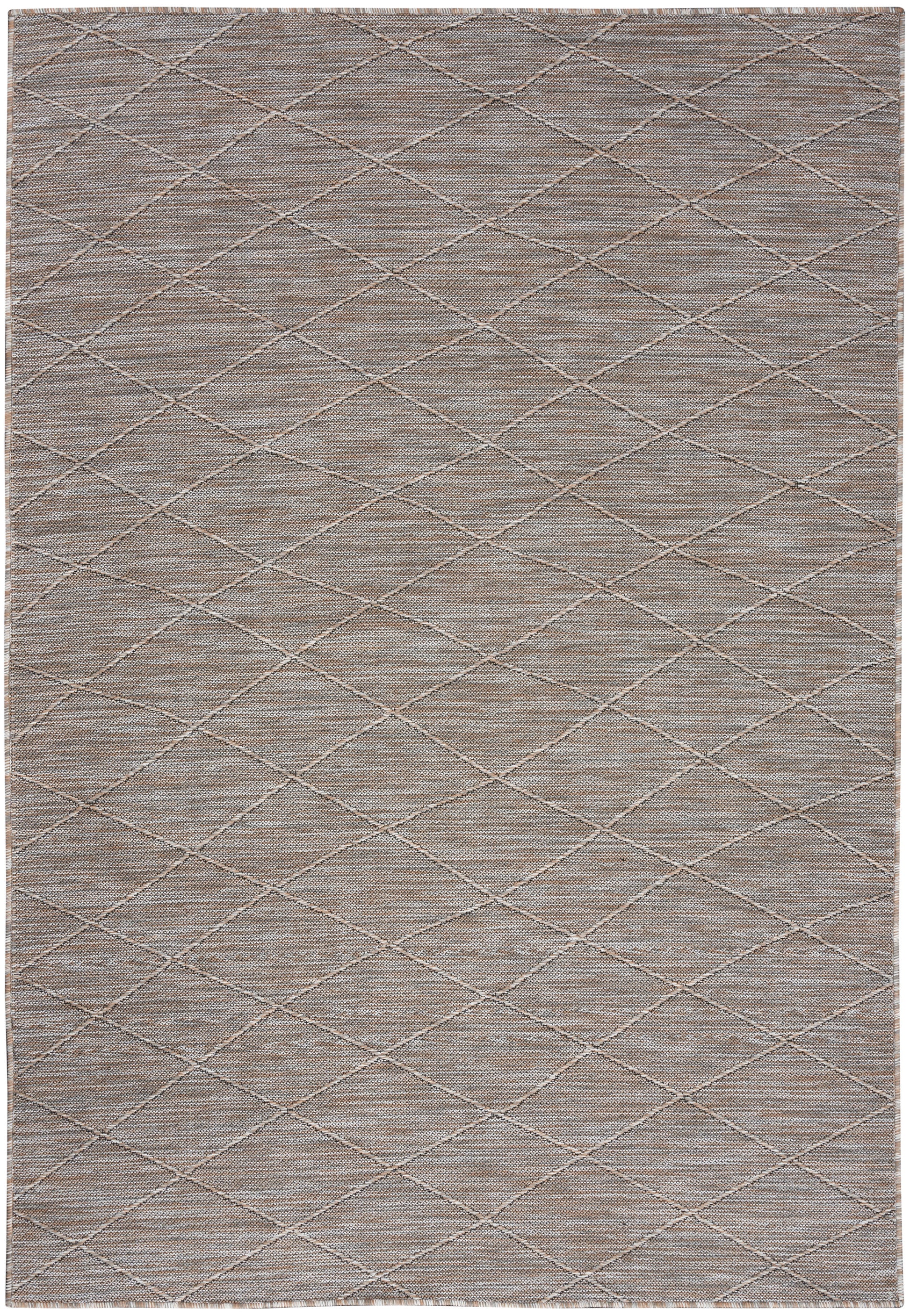 Neutral taupe woven rug with subtle diamond lattice pattern, rectangular area rug.
