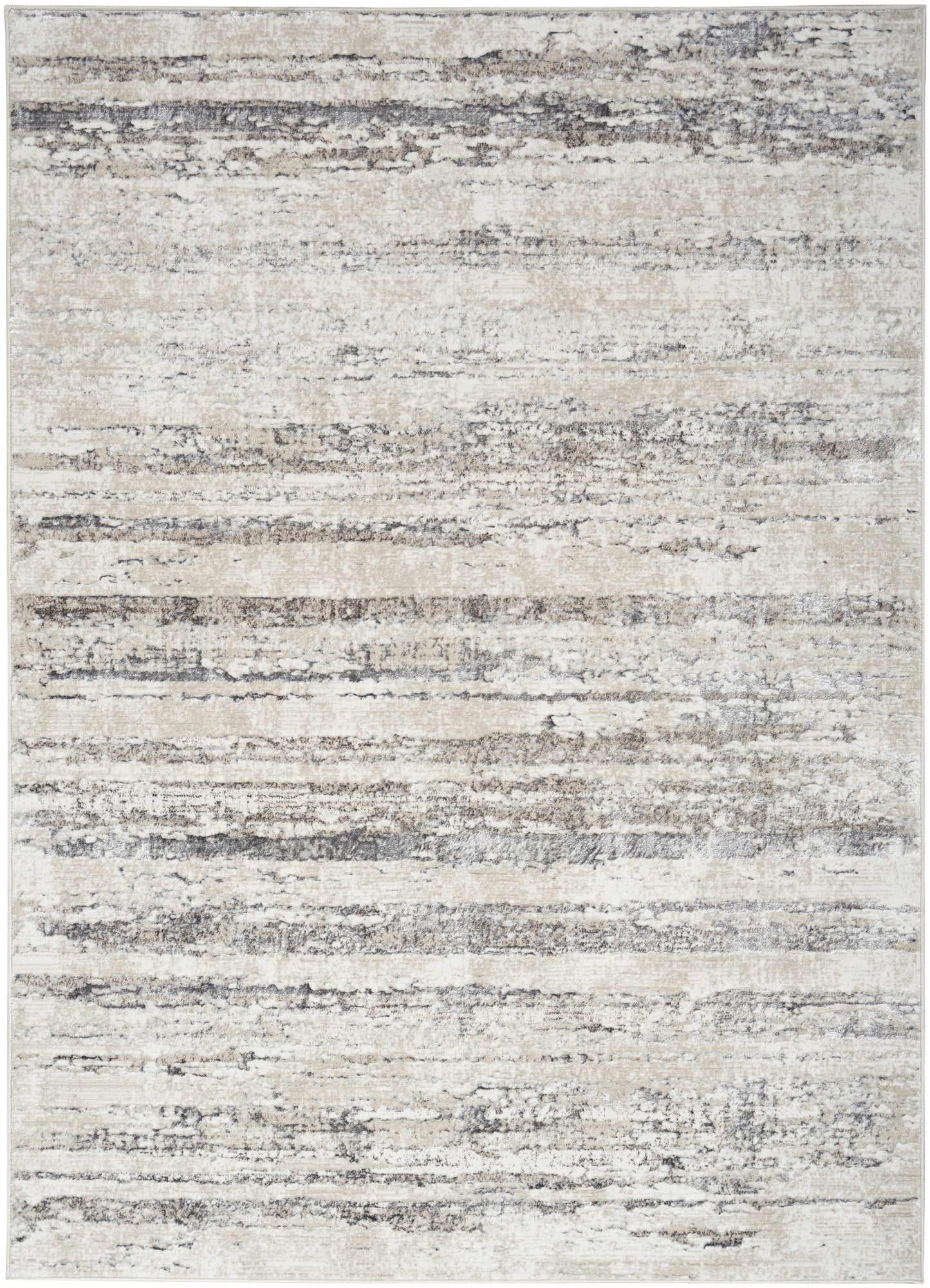 Rectangular area rug in cream, beige and gray with abstract horizontal striped pattern, distressed look.