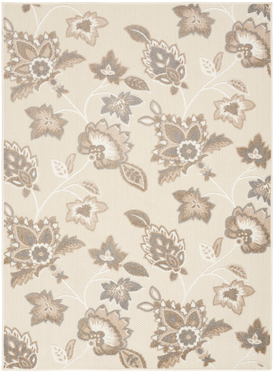 Beige area rug with taupe and gray floral pattern; textured surface with an elegant botanical motif.