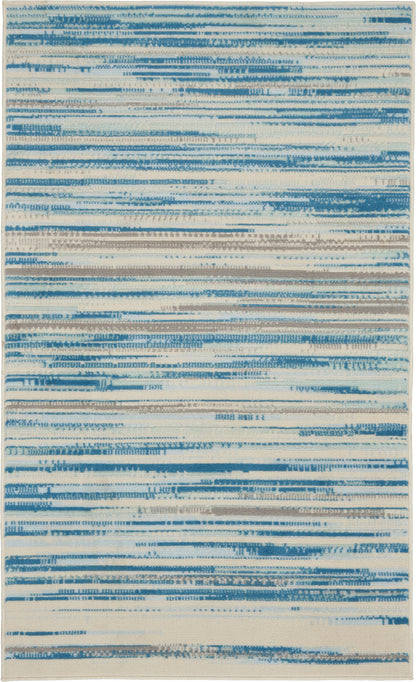 Blue and cream striped rug with irregular horizontal brushstrokes; modern 3' x 5' area rug for living spaces.