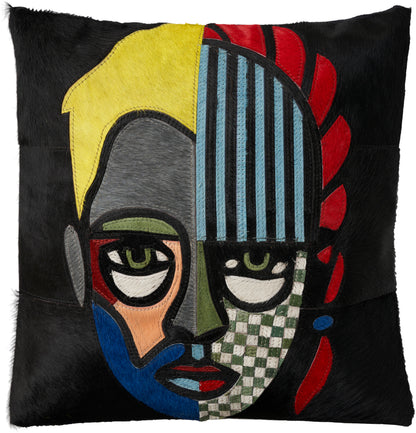 Multicolor square pillow with an abstract graphic featuring a yellow area, blue striped section and red shapes.