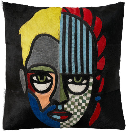 Multicolor square pillow with an abstract graphic featuring a yellow area, blue striped section and red shapes.