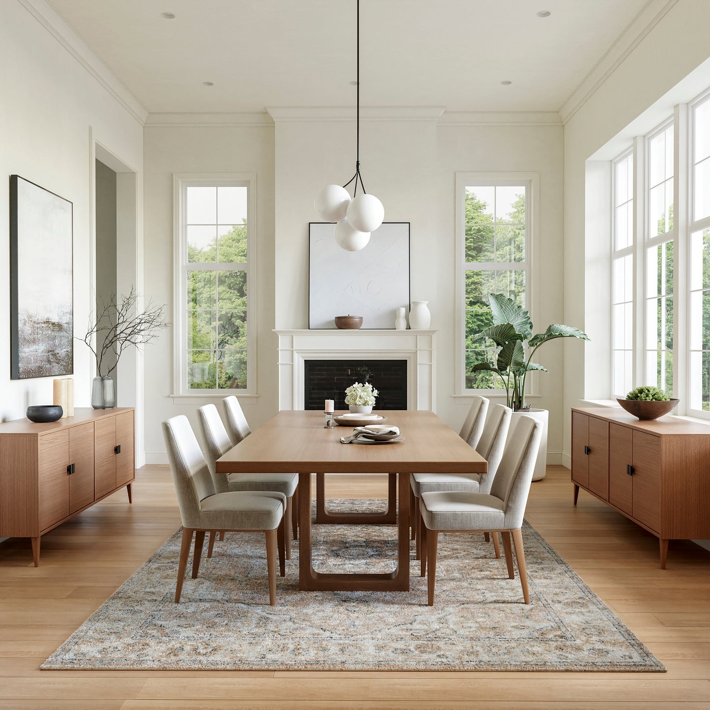 Neutral dining room with rectangular wood table, upholstered chairs, white globe chandelier, fireplace, and tall windows.