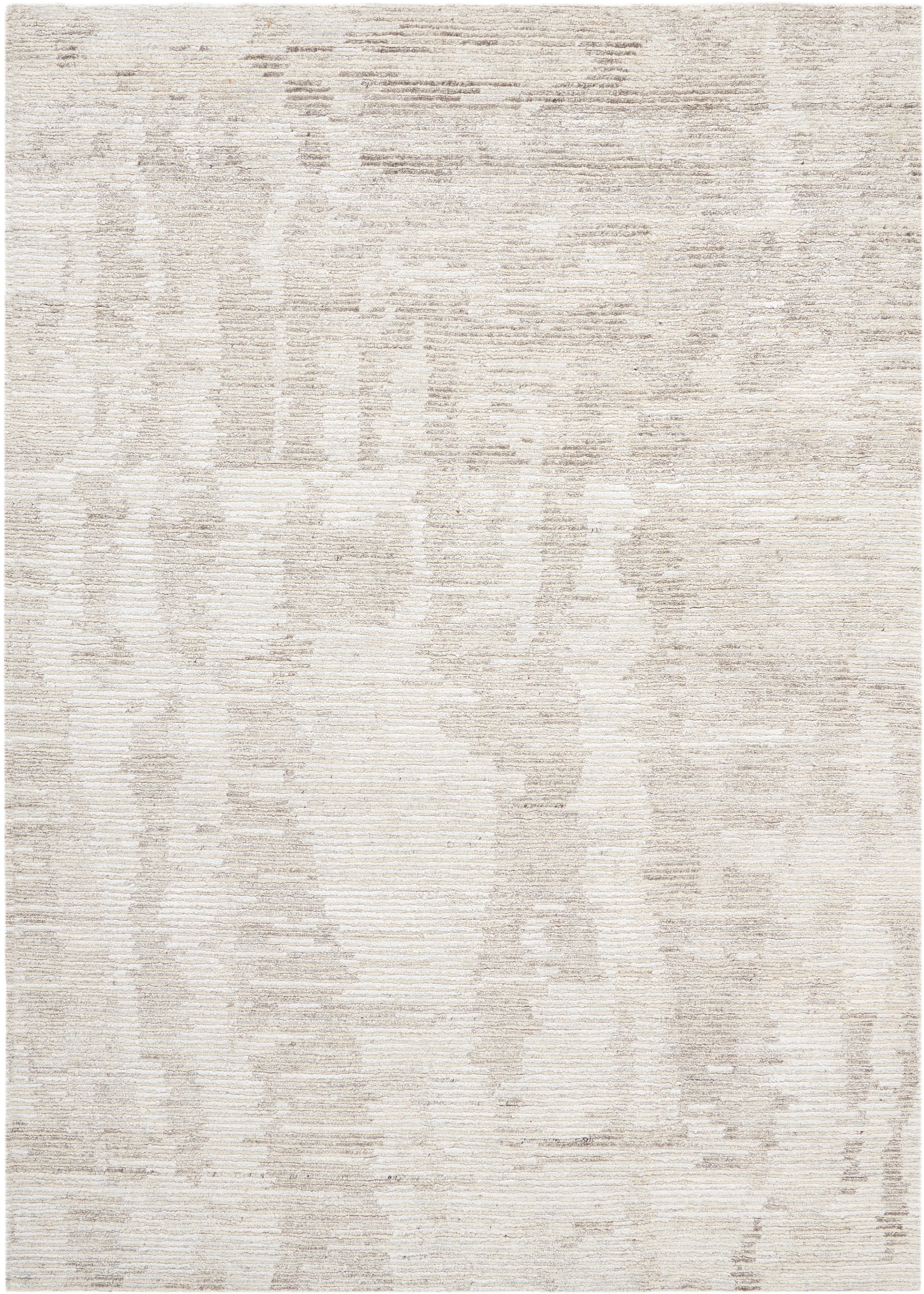 Neutral cream-beige area rug with subtle abstract pattern and textured weave; versatile for living rooms.