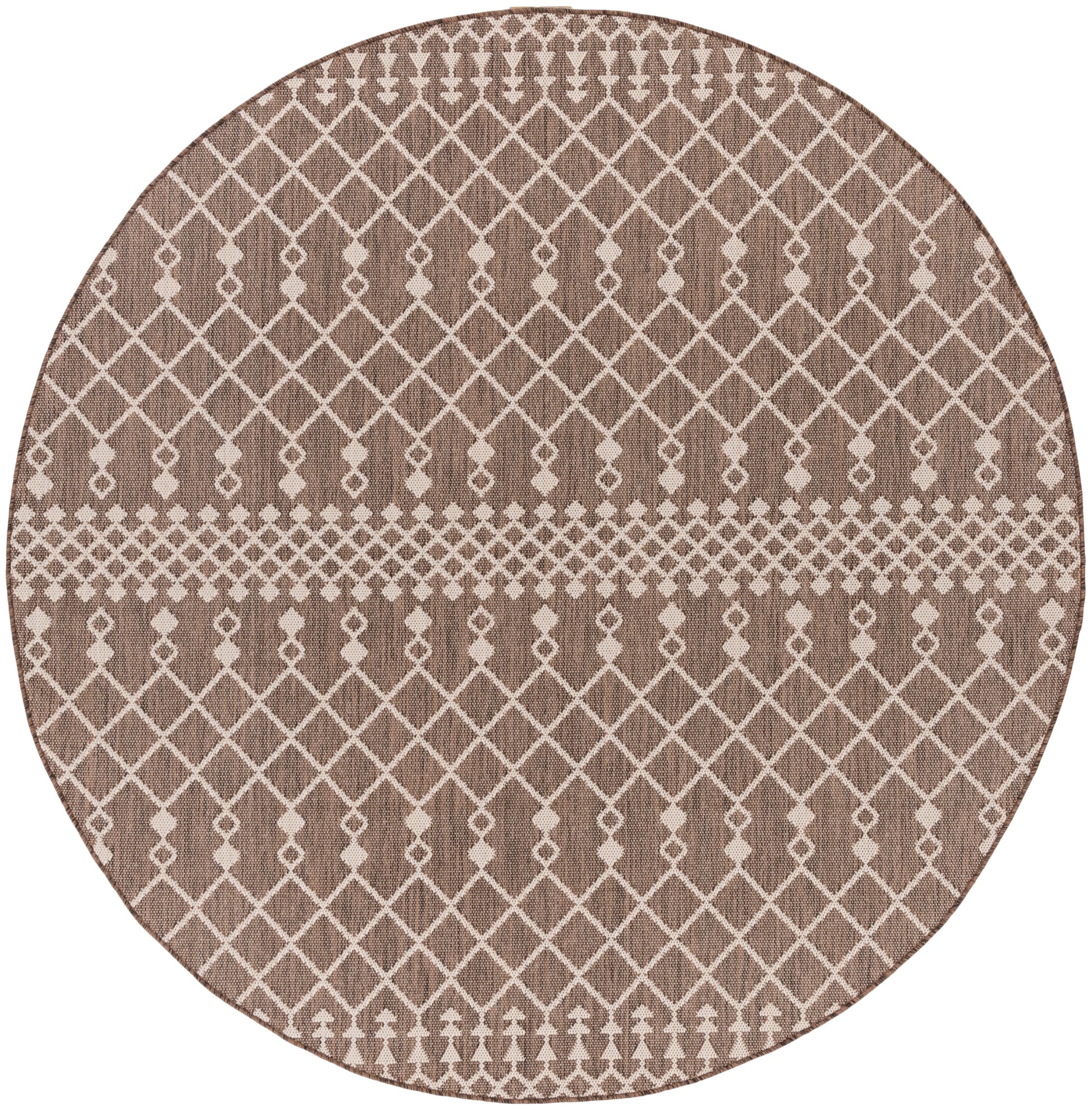 Round taupe rug with cream lattice diamond pattern and a central band, woven texture for living spaces.