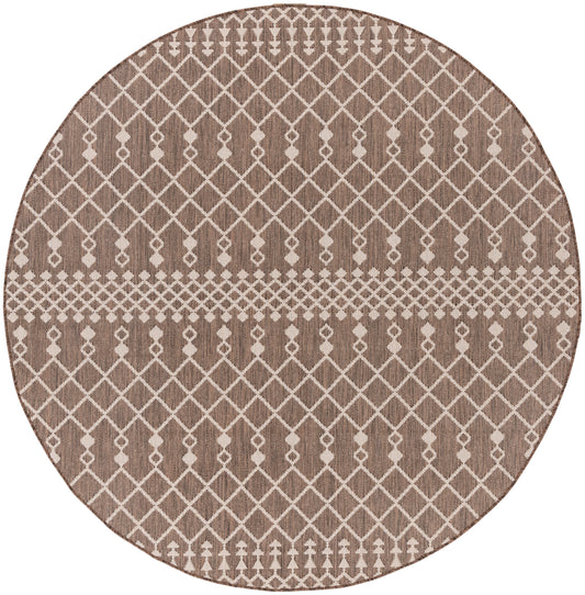 Round taupe rug with cream lattice diamond pattern and a central band, woven texture for living spaces.