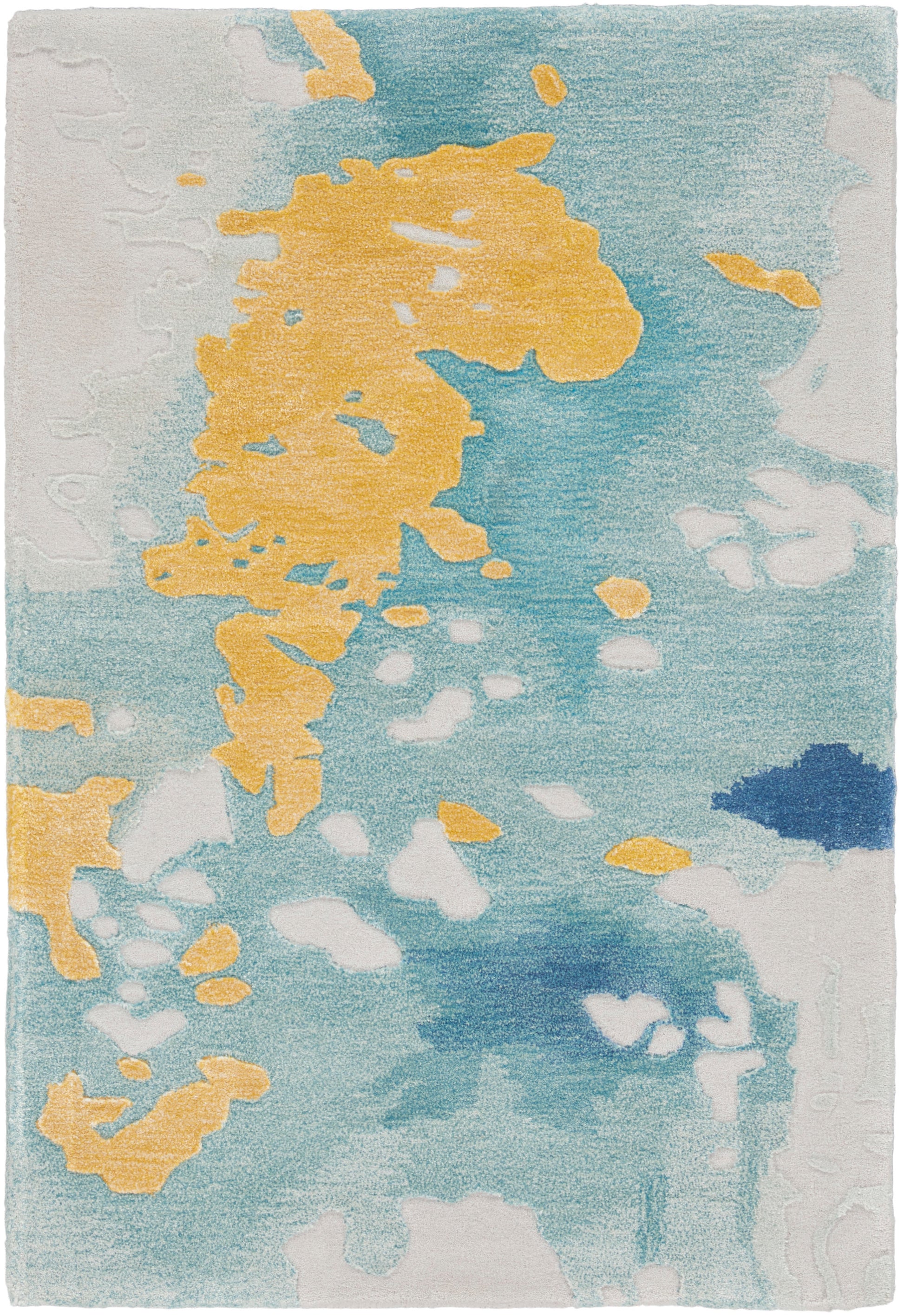 Abstract area rug in teal and aqua with large yellow-orange shapes and white and dark blue accents, 2' x 3'.