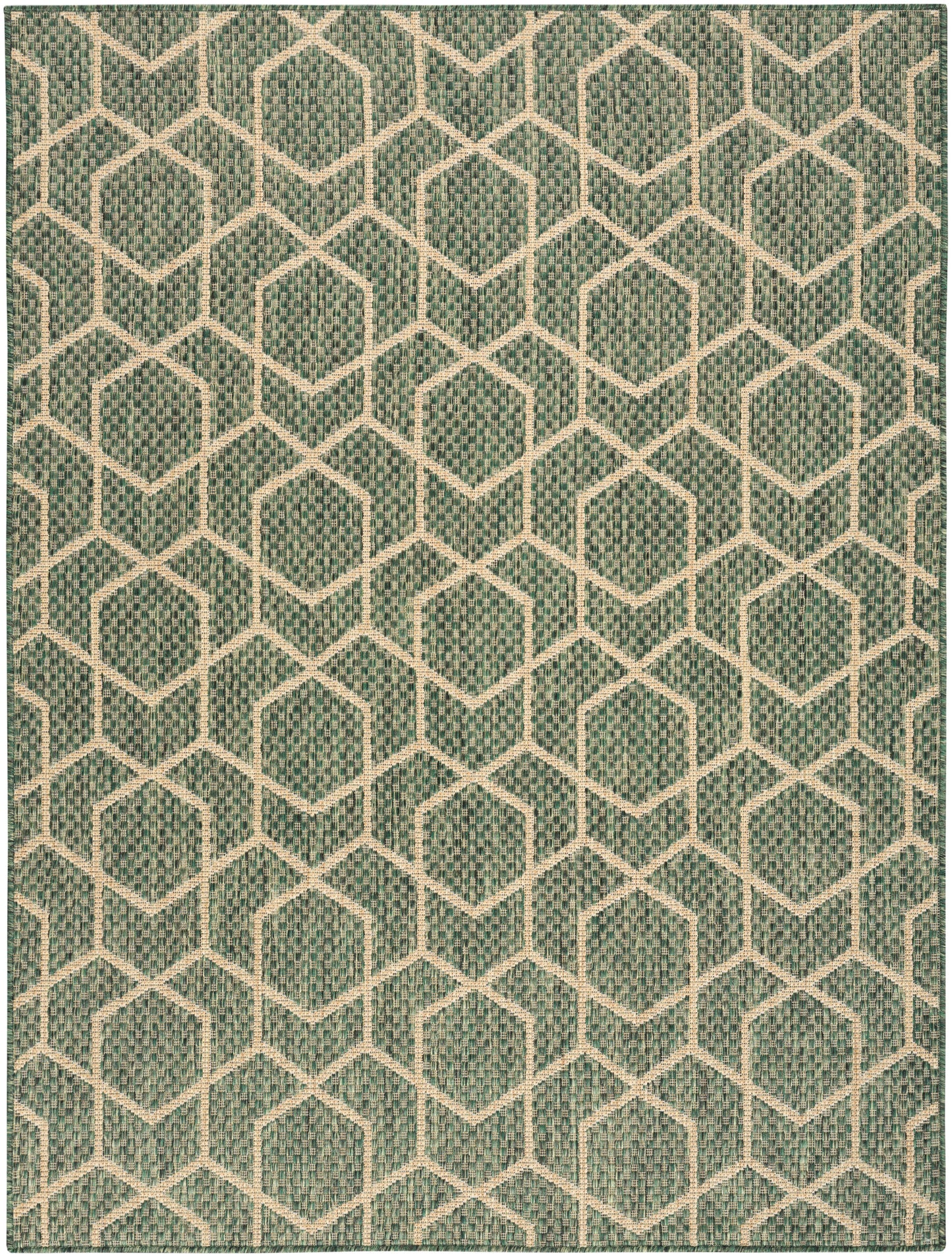 Teal and cream geometric area rug with interlocking hexagon pattern; woven texture, modern indoor decor.