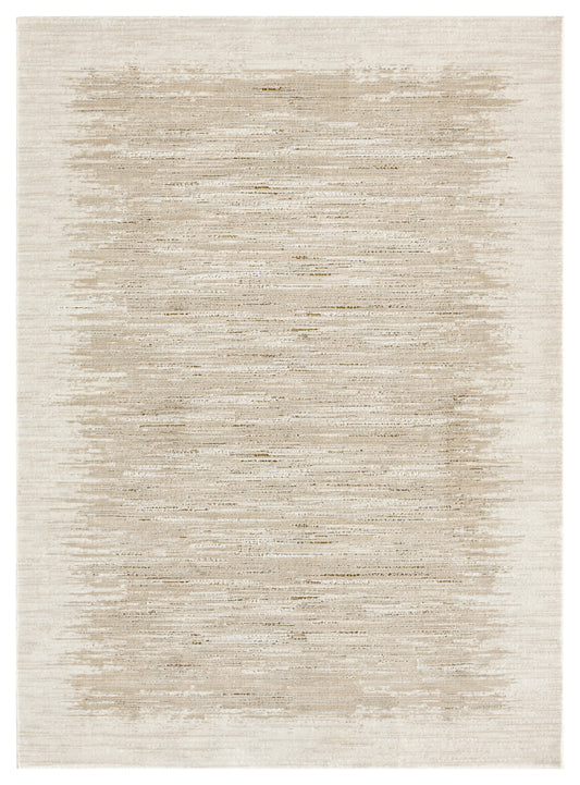 Soft beige rectangular rug with taupe abstract brushstroke texture for modern spaces.