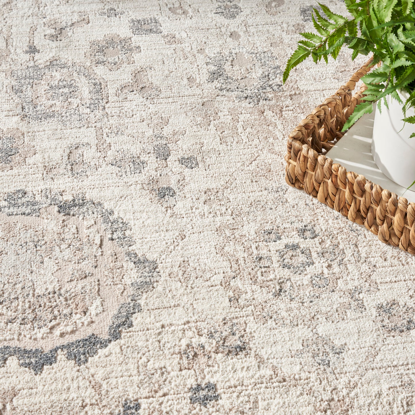 Beige patterned area rug with gray motifs; woven rattan tray holds a white planter with a green fern.
