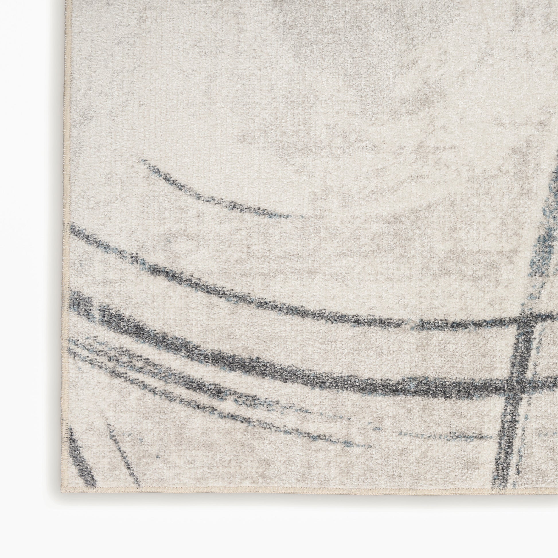 Beige textured rug with abstract charcoal curved lines and a vertical stroke, modern geometric design, 4' x 6'.