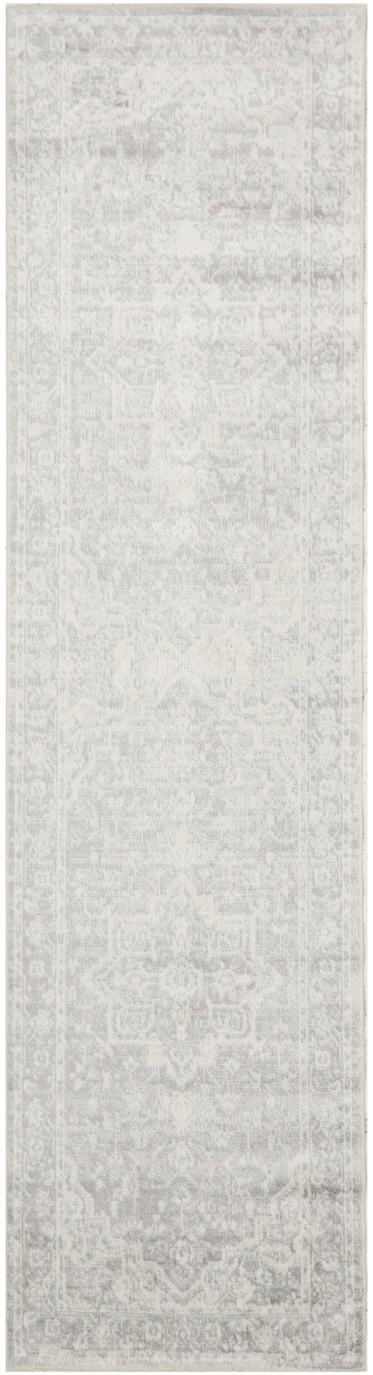Neutral beige rug runner with a subtle faded oriental pattern and soft texture.