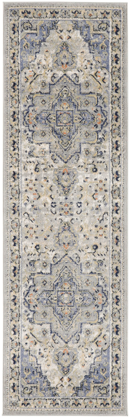 Rectangular Persian-style runner rug in ivory, blue-gray and soft orange accents with a central medallion and floral border.