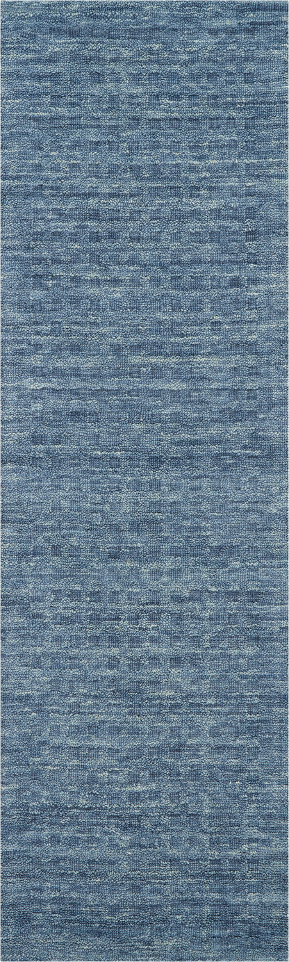 Blue textured woven runner rug with variegated light and dark blue tones; rectangular, 8 ft long.