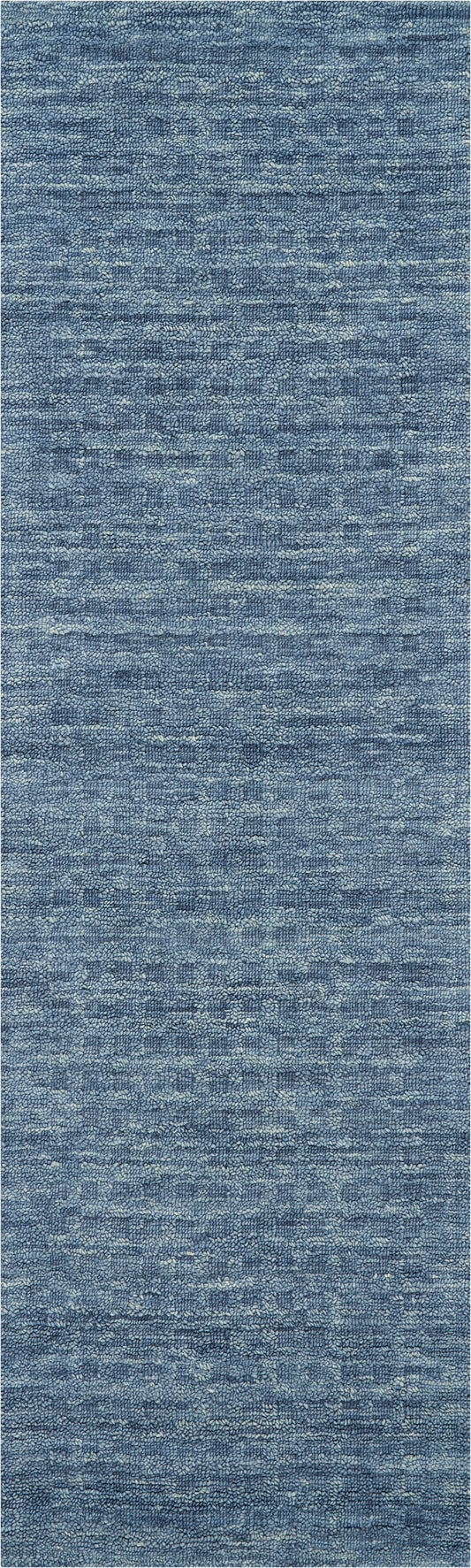 Blue textured woven runner rug with variegated light and dark blue tones; rectangular, 8 ft long.