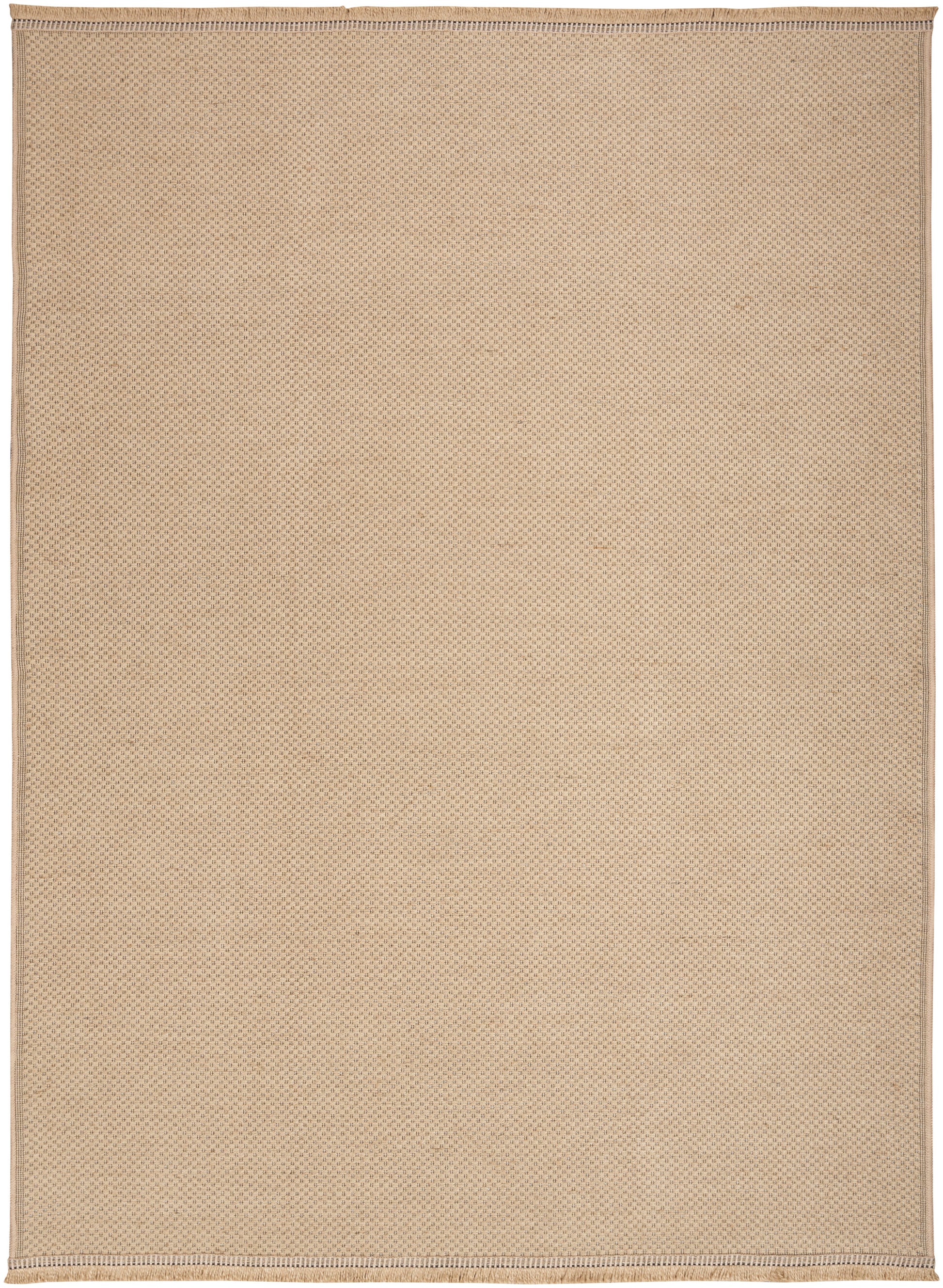 Beige rectangular woven rug with subtle dot pattern and stitched border, flat-weave style, neutral floor mat.
