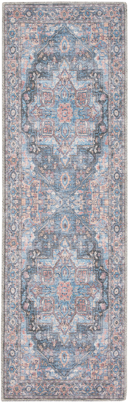 Blue distressed oriental runner rug with pink accents, ornate medallion center and decorative border.