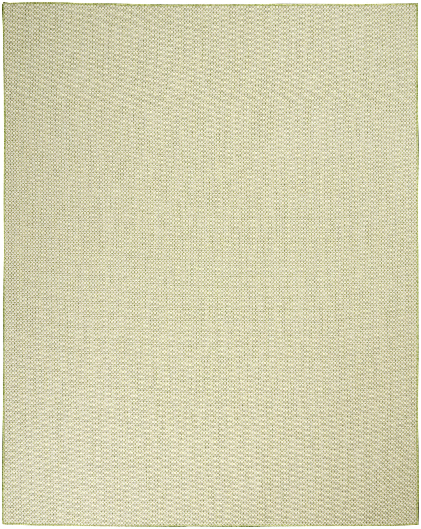 Rectangular beige rug with subtle dotted texture and lime-green border.