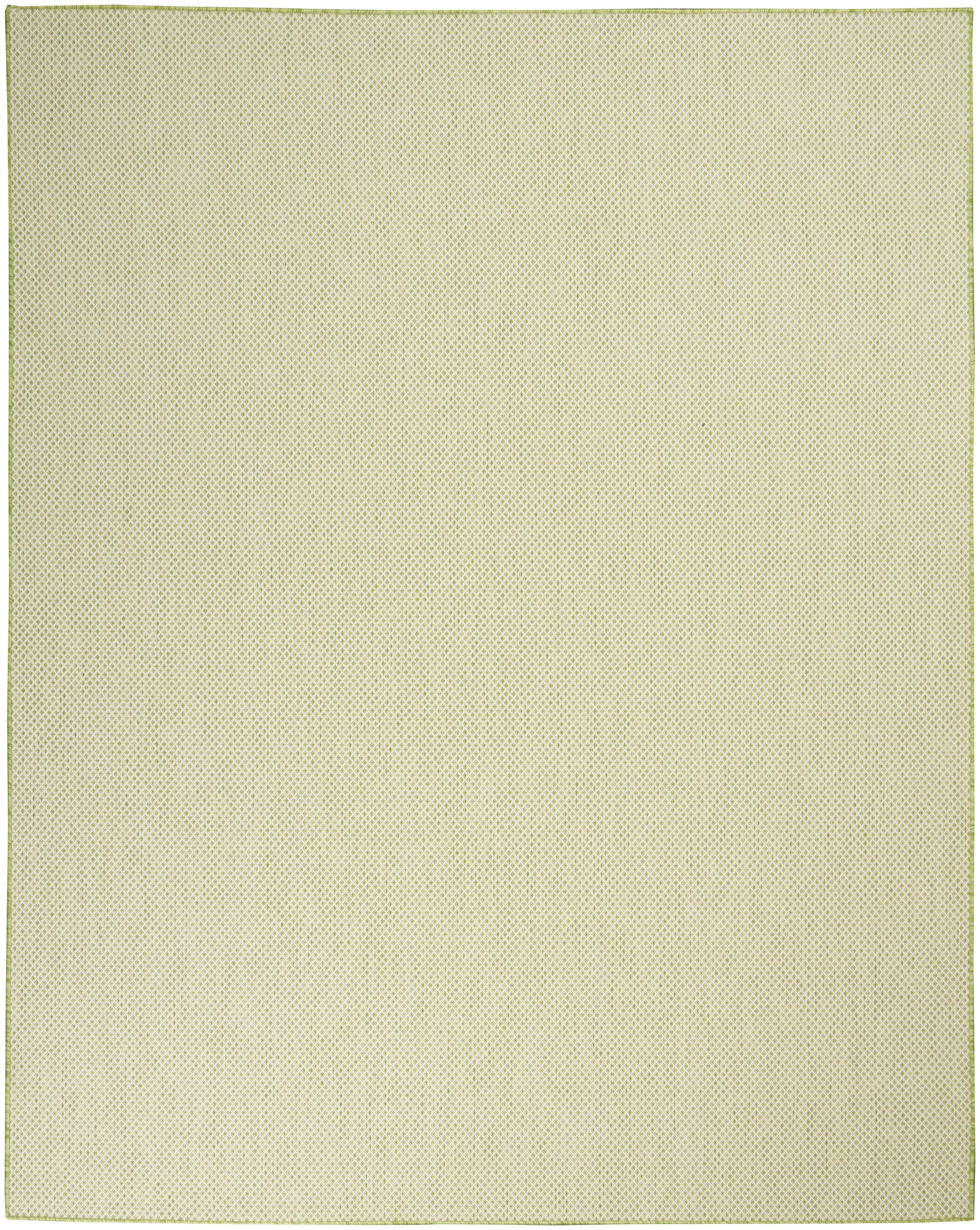 Rectangular beige rug with subtle dotted texture and lime-green border.