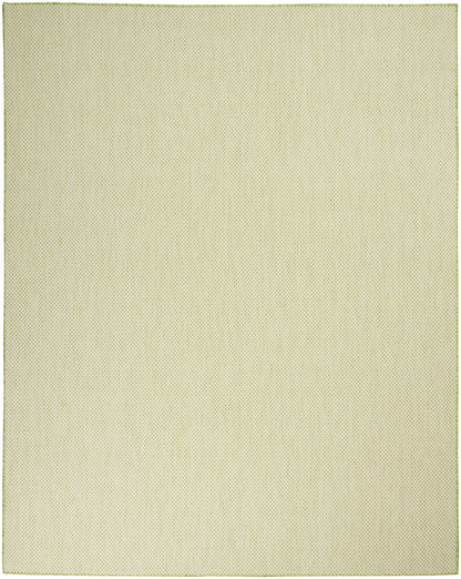 Rectangular beige rug with subtle dotted texture and lime-green border.