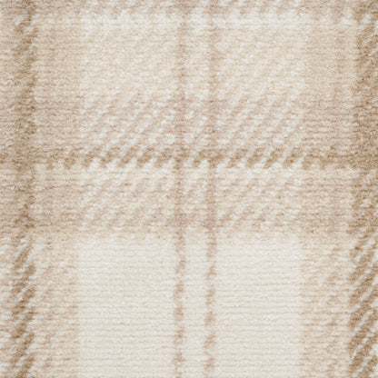 Beige plaid wool fabric texture with tan intersecting lines forming checks; cozy blanket or scarf material.